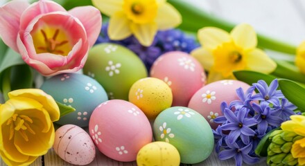 Fototapeta premium Pastel Easter eggs nestled amongst vibrant spring tulips, daffodils, and hyacinths