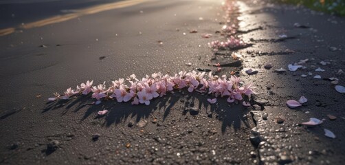 Delicate petals emerging from asphalt fissure, sunlight highlights , summer, urban,  strength