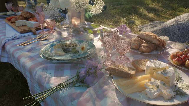 Sunlight illuminates a charming picnic scene featuring a checkered tablecloth adorned with an assortment of cheeses, bread, fruit skewers, pink glassware, and delicate floral arrangements