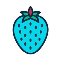 Stylized cyan strawberry illustration with seeds against black background