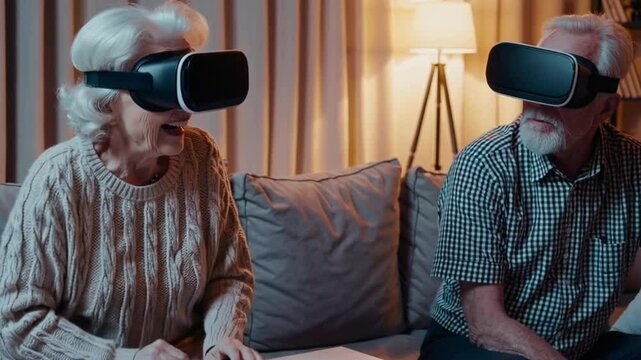 Elderly couple enjoying virtual reality experience at home, laughing together in modern tech setting