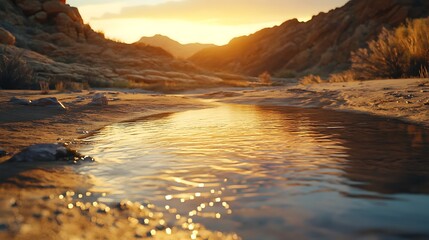 Sunlit stream flowing through arid canyon landscape
