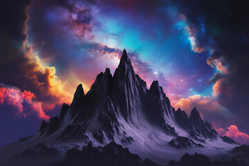 Majestic mountain peaks pierce the vibrant sunrise sky, painting a breathtaking alpine panorama