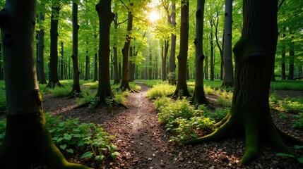 Fototapeta premium Aerial photo of Tejera Negra Beech Forest, Spain, during sunny midday, captured from above.