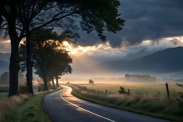  Serene Countryside Road at Dawn generative ai