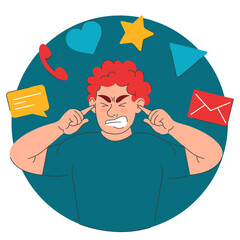 Stressed man feeling overwhelmed by notifications vector isolated. Emotional stress, social media overload. Man closing ears.