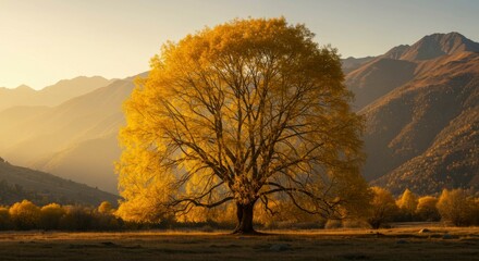 Obraz premium Golden autumn tree stands alone in a sunlit valley, mountains forming a dramatic backdrop