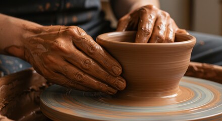 Close-up shot of a potter's hands expertly shaping clay on a spinning wheel.