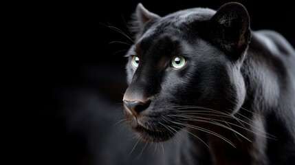 A close-up view of a sleek black panther with piercing green eyes