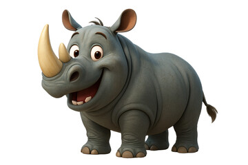 Fototapeta premium A delightful cartoon rhino with a large horn stands and grins with joy, perfect for children.