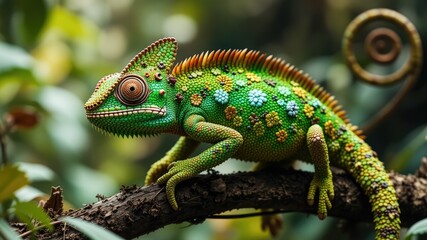 Obraz premium Exotic Lizard - Emerald Green Chameleon with Elegant Tail