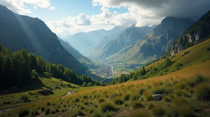 Naklejka premium Detailed photo of Jerte Valley, Spain, during midday with cloudy conditions, viewed from above.