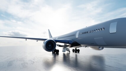 Obraz premium Sleek passenger airplane taxiing on the runway under a cloudy sky, preparing for takeoff and symbolizing air travel and modern transportation