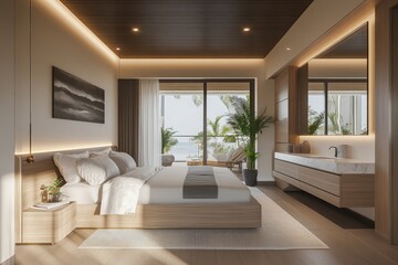 A serene and modern bedroom featuring a low wooden platform bed with soft bedding. large windows showcasing lush greenery outside. and stylish indoor plants. creating a peaceful atmosphere