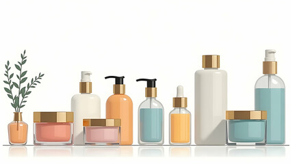 Elegant Laboratory Display of High-Grade Cosmetic Ingredients: A Curated Assortment Showcasing Scientific Precision and Product Efficacy in a Flat Vector Style