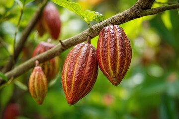Ripe Cacao Pods on Branch: A Lush, Tropical Still Life