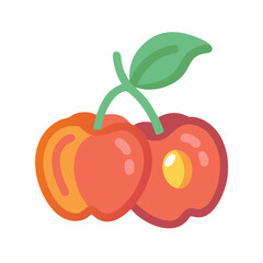 Two cherries attached at stem with a green leaf