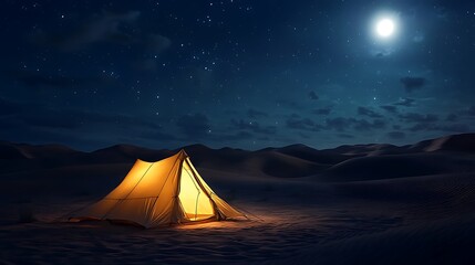 Tent illuminated under moonlight on a starry night landscape
