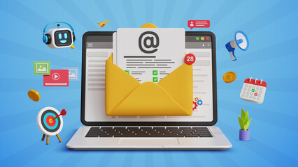 Email marketing campaign, email automation, subscription, newsletter or online announcement concept. Business automation and digital advertising concept. 3D laptop with Email and marketing icons