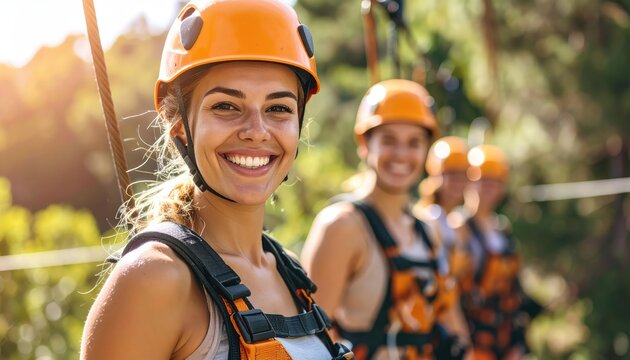 Smiling Adventurer in Orange Helmet, Ziplining Adventure, Sunny Outdoor Scene