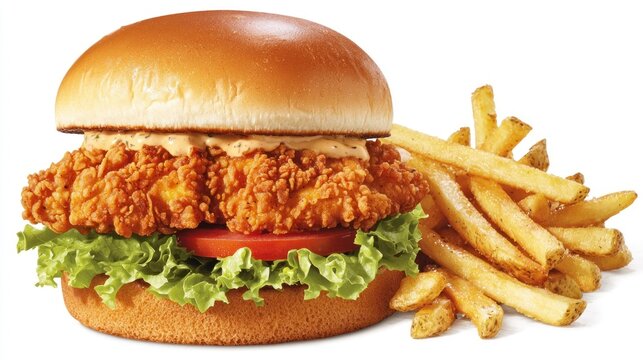 Crispy chicken sandwich with lettuce, tomato, creamy sauce, and a side of golden fries