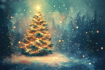 A beautifully illuminated Christmas tree stands in a snowy forest at night. surrounded by softly glowing lanterns. creating a magical winter wonderland atmosphere