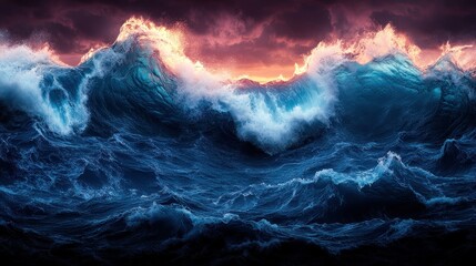 Fototapeta premium Powerful ocean waves crashing during dramatic sunset