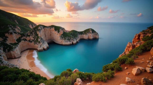 Professional photo of Aiguablava Cove in Spain at dawn, with cloudy weather, captured from a panoramic perspective.