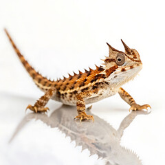 Fototapeta premium Close-up of a horned lizard, showcasing its unique texture and vibrant colors against a white background.