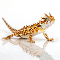 Naklejka premium Close-up of a vibrant horned lizard, showcasing intricate details and striking colors against a clean white background.