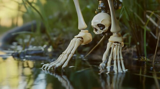 A small skeleton sitting in a pond of water