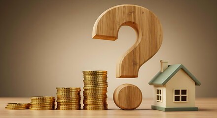 House model next to stacks of gold coins and a large wooden question mark. Concept for questions surrounding real estate costs, property investment, or housing market uncertainty.