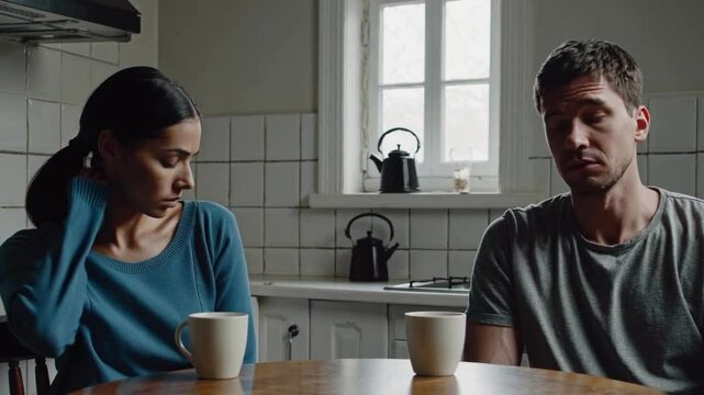 Couple sitting in silence with coffee cups &mdash; unresolved emotions and quiet disconnect