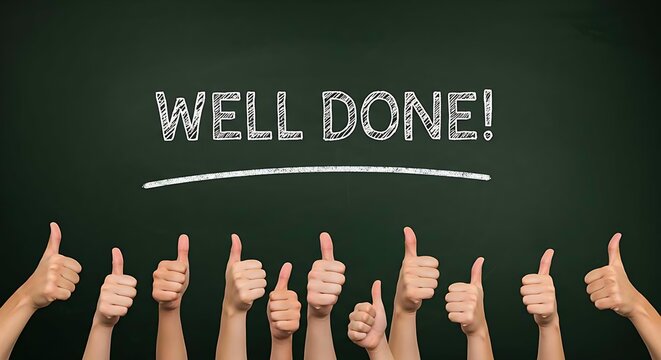 Diverse hands show thumbs up gesture under white chalk text well done on a dark green chalkboard surface. Concept of achievement, success, praise education school business team sports victory congratu