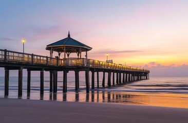 Wooden Bridge to the Sea at Sunset in Thailand, Landscape Photo with Vibrant Color Grading