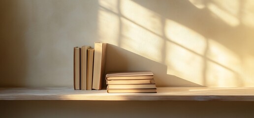 Books on shelf with sunlight