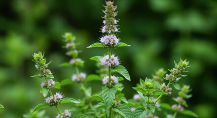Fototapeta premium Detailed view of blooming mint with lovely purple flowers and fresh green leaves in the garden.