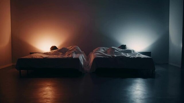 Couple sleeping in separate beds with warm and cold lighting &mdash; emotional distance in one frame