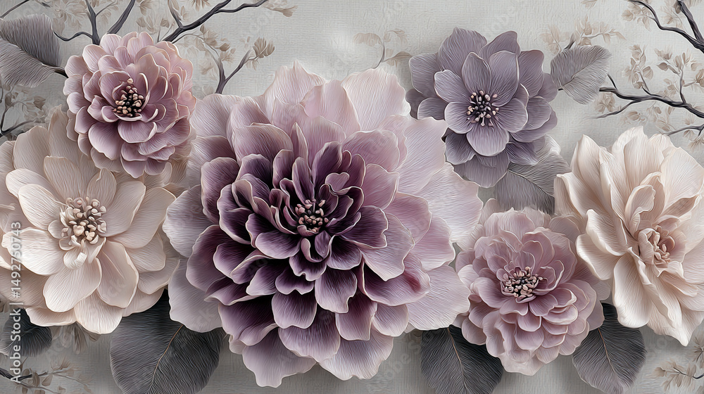 Aufkleber close-up of textured pastel flowers, displaying soft mauve and beige hues, creating an elegant and s