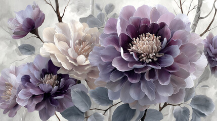Close-up of purple and cream flowers with grey leaves, painted in soft tones, conveying elegance and serenity, ideal for decor or print
