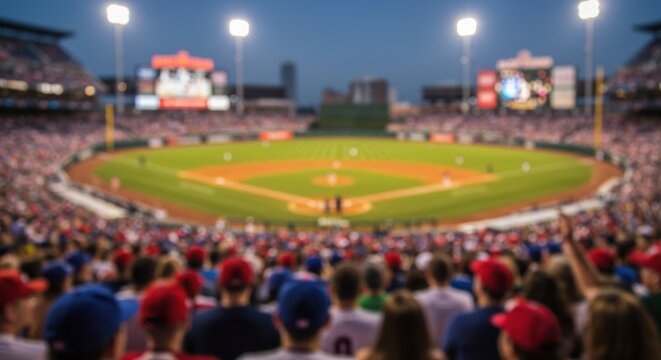 A stadium filled with spectators watching a professional baseball game under bright lights at night.