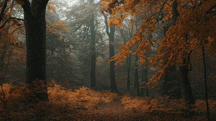 Obraz premium Mystical autumn atmosphere of woodland, fall foliage and dense fog