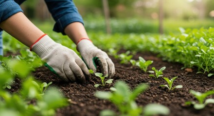 Close-up of a gardener's hands planting seedlings in a garden bed with gloves on, planting.