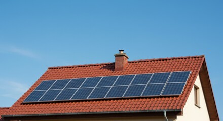 Solar panels installed on a residential rooftop, harnessing clean energy from the sun with a bright blue sky.