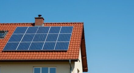 Fototapeta premium A residential building with solar panels on the roof, set against a clear blue sky on a sunny day.