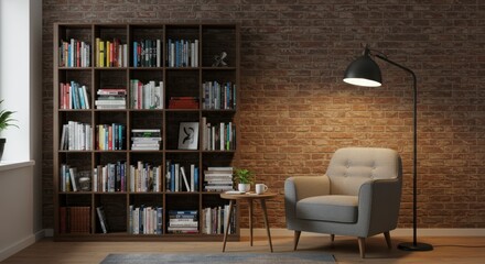 Stylish living room features an inviting armchair and a bookshelf, creating a relaxing atmosphere.