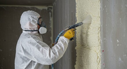 A worker in a protective suit sprays insulation foam onto a wall during construction or renovation.