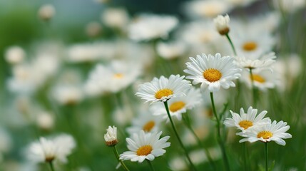 Fototapeta premium Close-up of white and yellow chamomile flowers, on a green background, showcasing intricate petal textures and subtle color transitions that highlight the beauty and serenity of nature.
