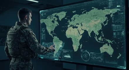 A soldier in uniform studies a large digital map of the world in a command center environment.
