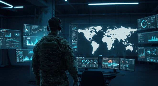 A soldier in uniform monitors digital data on multiple screens in a command center setting. - Powered by Adobe